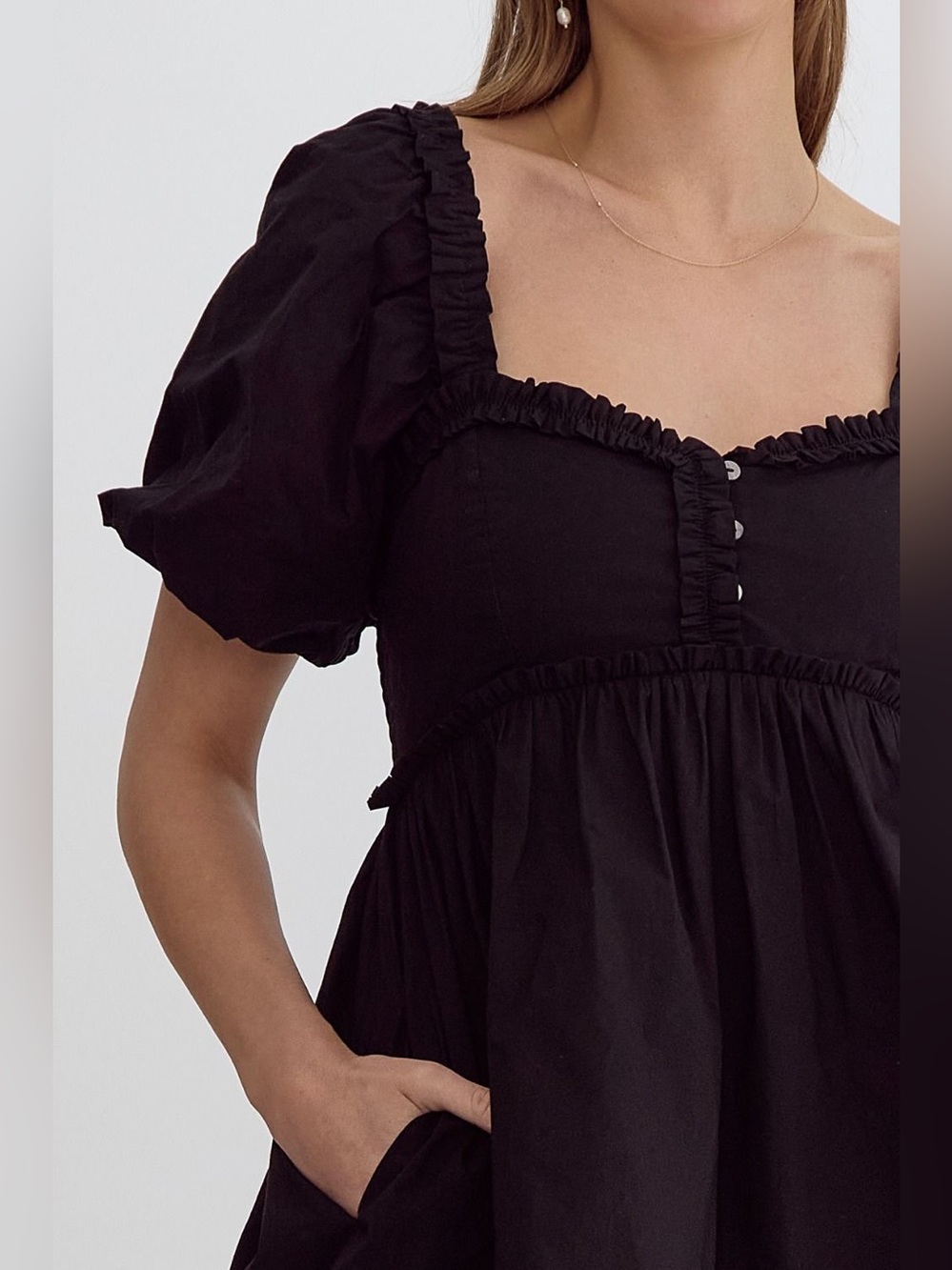 Entro | The Genevieve Puff Sleeve Mini Boho Chic Little Black Dress New Small - Picture 6 of 12